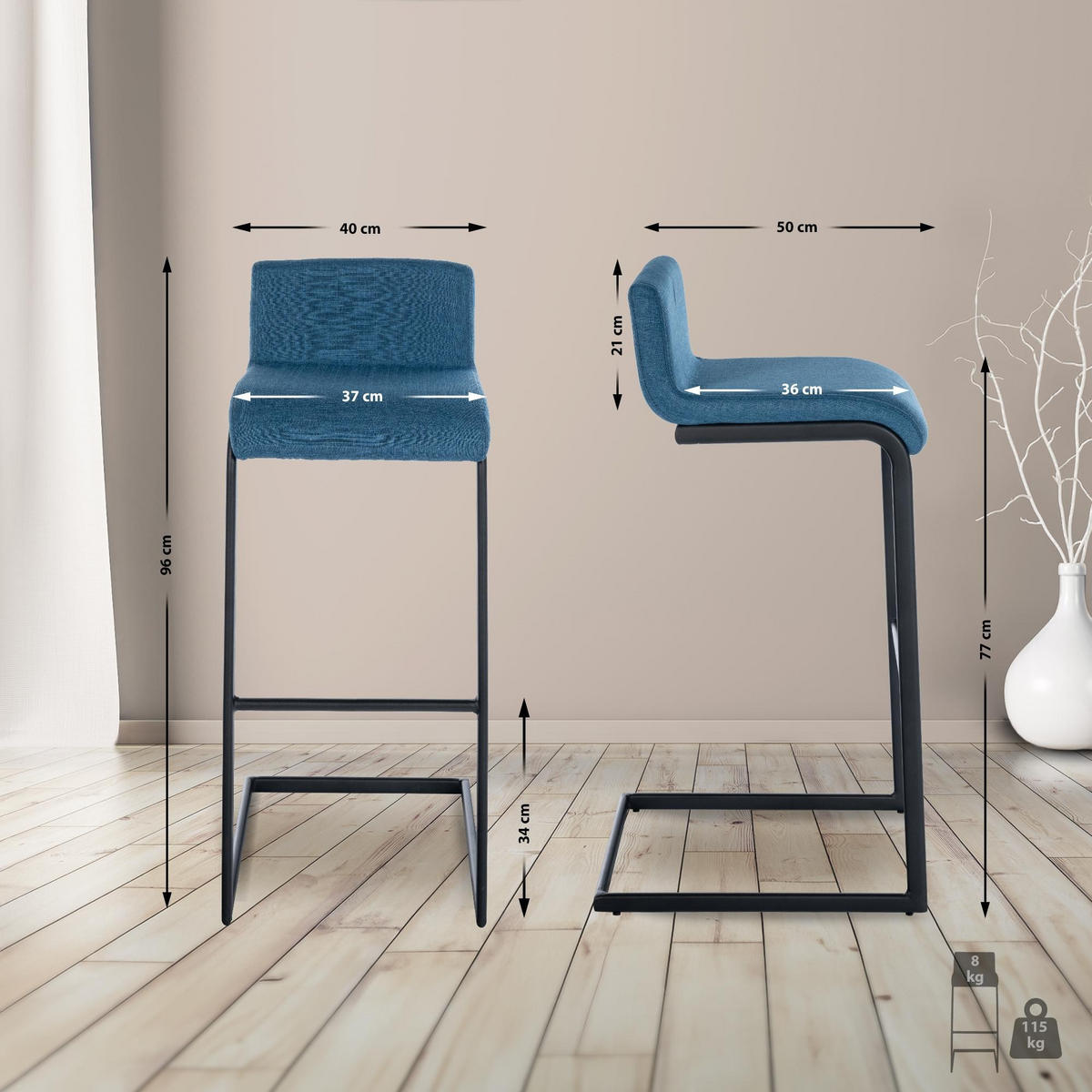 BARHOCKER Newport 40x50x96 cm Schwarz - Blau, Metall (40/96/50cm) - furnicato