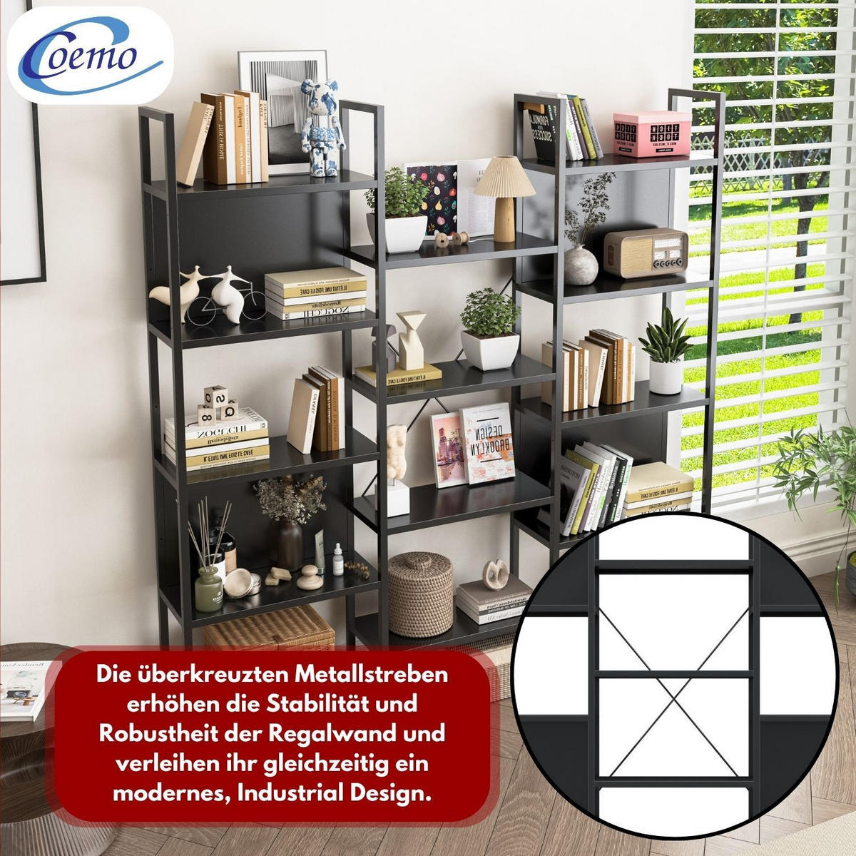REGALWAND CHICAGO Metall Schwarz 158/24/166 cm - Schwarz, Metall (24/166/158cm) - Coemo