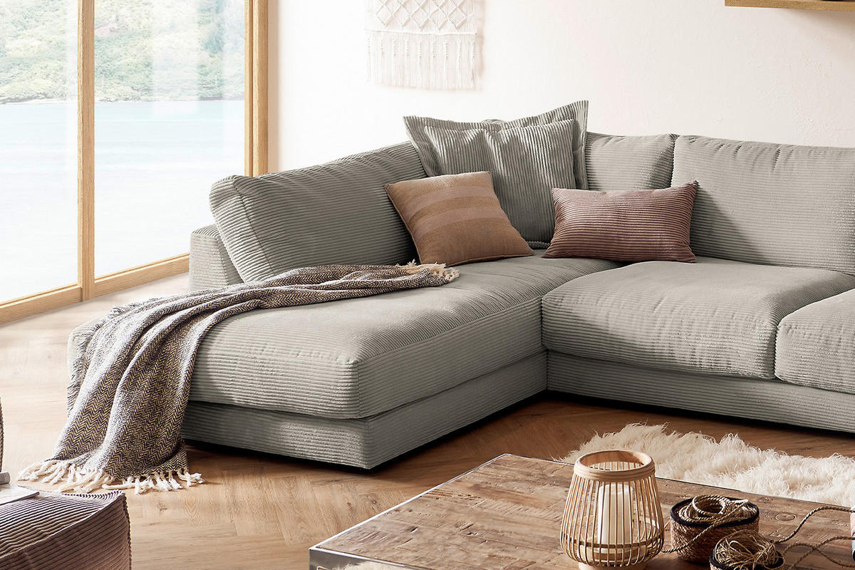 WOHNLANDSCHAFT MADELINE Granit Cord - Greige/Schwarz, Kunststoff/Textil (425/86/224cm) - KAWOLA