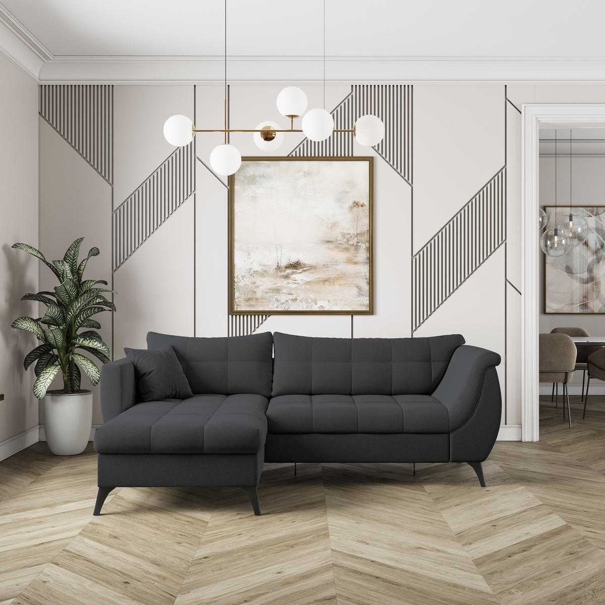 ECKSOFA MOLLIS Graphitfarben Geflochtener-Stoff mit Schlaffunktion - Graphitfarben, Holz (241/154cm) - MASSENO