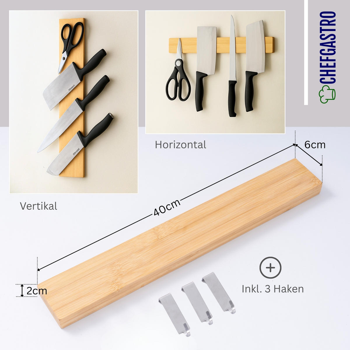 MESSERLEISTE aus Bambus 40cm breit inkl. 3 Haken - Beige, Holz (40/6.2/1.5cm) - CHEFGASTRO