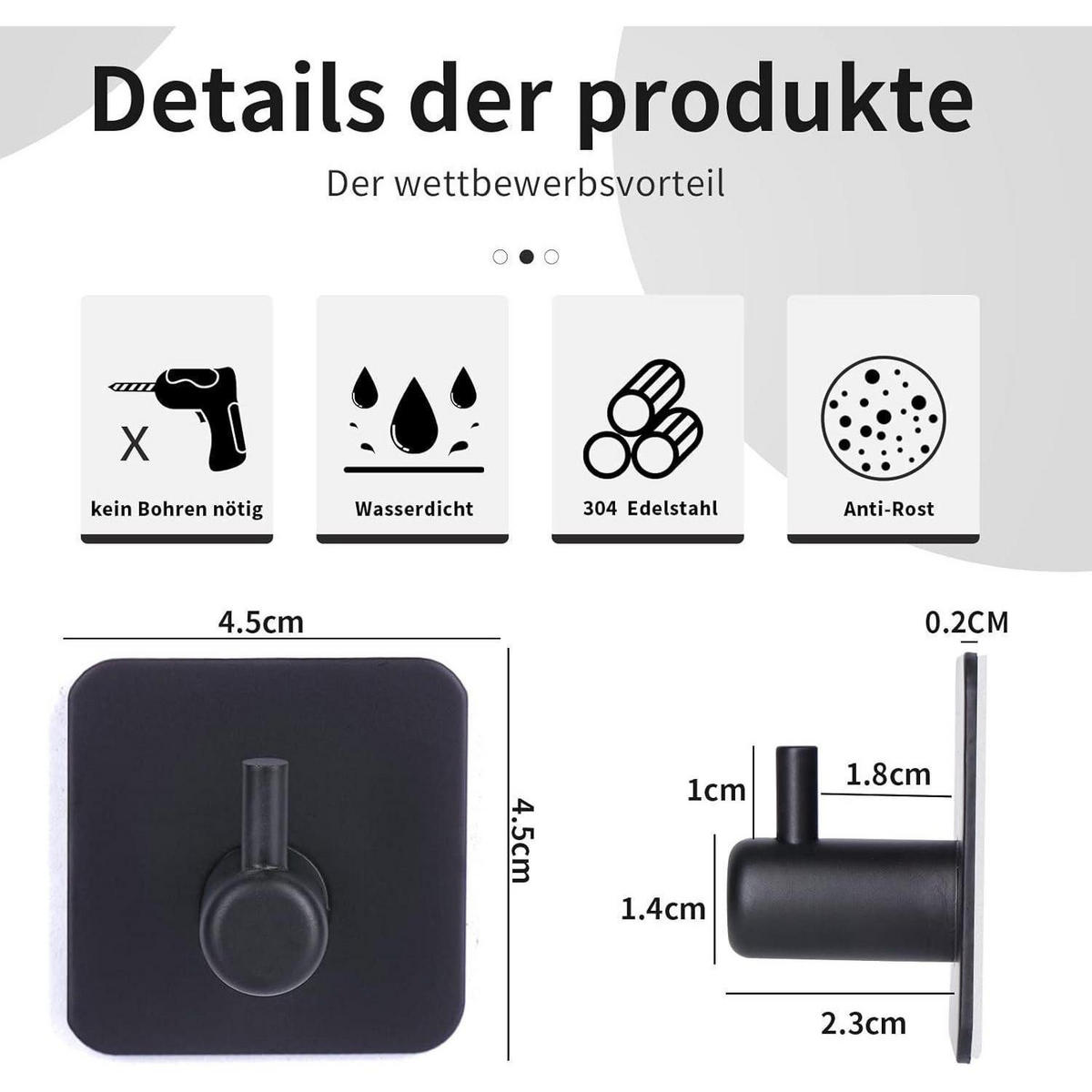 WANDHAKEN 6-teiliges Set Edelstahl Schwarz - Schwarz, Metall (5/3.8/5cm)
