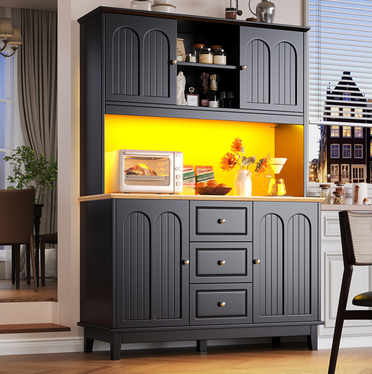 BIFE omara z LED-osvetlitvijo, USB in nastavljivimi policami, črna/naravna, 120/40/180 cm - črna, leseni material (40/180/120cm) - OKMYHOME