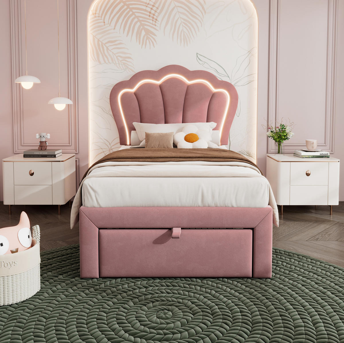 POLSTERBETT 90/200 cm mit RGB-LED, Schublade und verstellbarem Kopfteil aus Samt, Rosa - Rosa, Textil (90/200cm) - Redom
