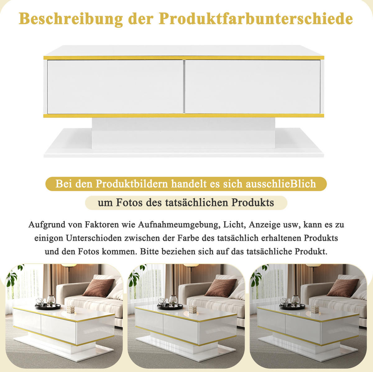 COUCHTISCH 100/50/40 cm Weiß Hochglanz aus Spanplatte mit LED-Lichtstreifen und 3 Schubladen - Weiß, Holzwerkstoff (100/50/40cm) - OKMYHOME