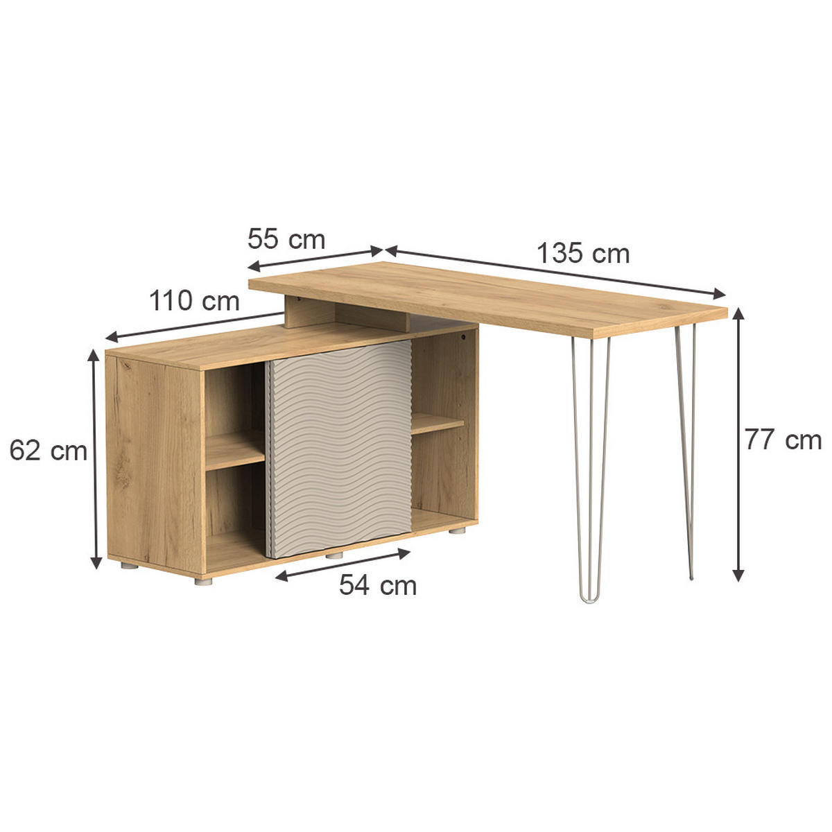 HÖRNSKRIVBORD Notivo Kaschmir 135 x 55 cm med arkivskåp - Kashmir, Träbaserade material (55/135/77cm) - Vicco