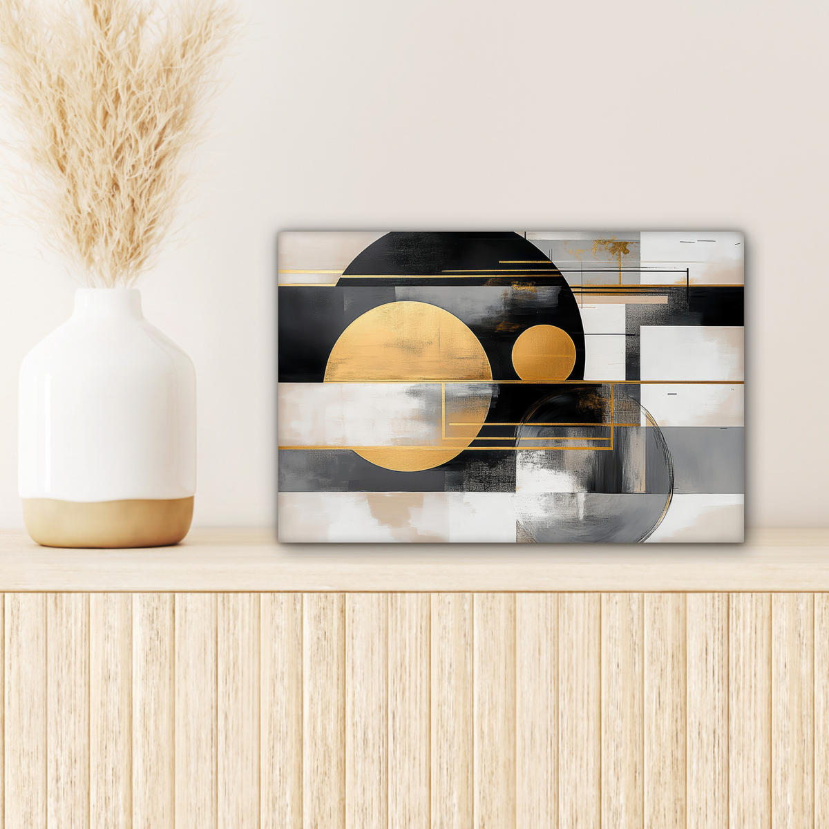 LEINWANDBILD Abstrakt - Gold - Silber - Formen - Ästhetisch - Modern Deko Schlafzimmer 30x20 cm - Goldfarben, Textil (30/20cm) - MuchoWow