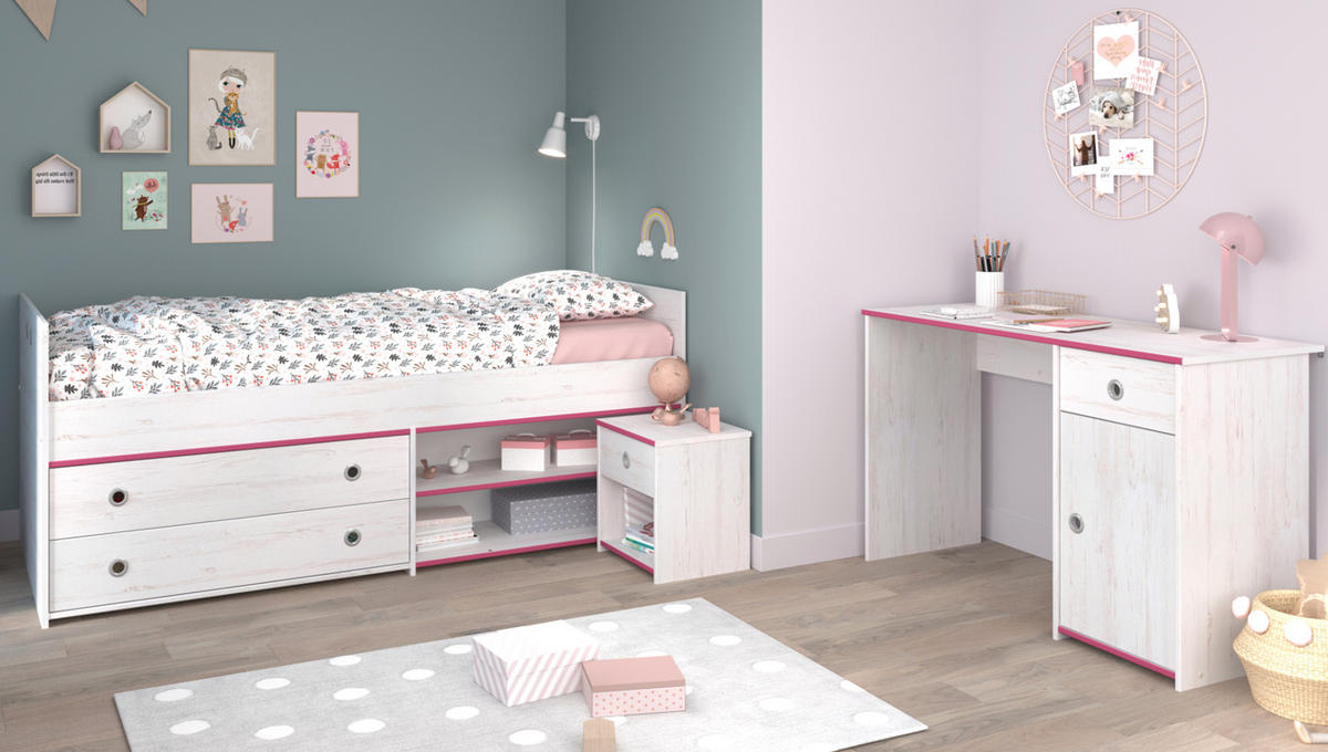 JUGENDZIMMER Set Stauraumbett 90 x 200 Schreibtisch Nachttisch - Silberfarben/Weiß, Holzwerkstoff/Kunststoff (98/80/207cm) - Parisot Meuble