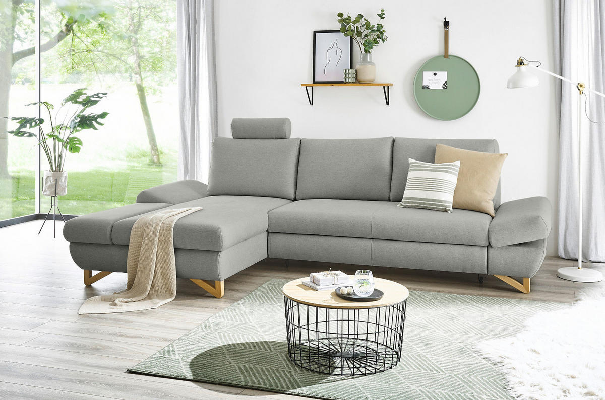 ECKSOFA hellgrau Velours, Sofa mit Bettfunktion und Stauraum 284 cm - Hellgrau, Holz/Textil (166/284cm) - Furn.Design