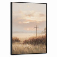 LEINWAND Bilder mit Rahmen - Gras - Morgennebel - Kreuz - Christentum - 60x80 - Beige, Textil (60/80cm) - MuchoWow