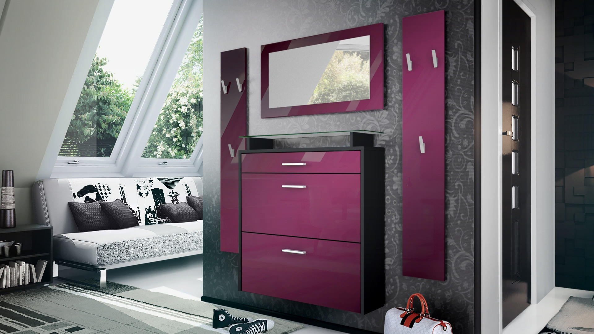 GARDEROBE Malea Front in Brombeer Hochglanz - Brombeere, Holzwerkstoff (180/180/23cm) - Vladon