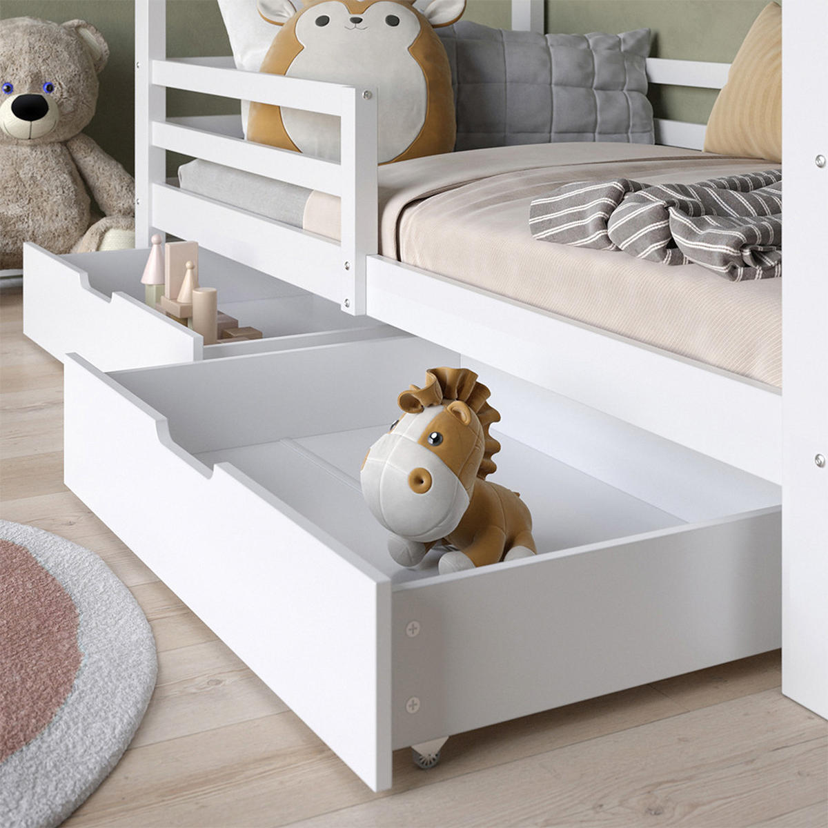 HAUSBETT Luni Weiß 200 x 90 cm mit zwei ausziehbaren Aufbewahrungskästen - Weiß, Holz - VitaliSpa