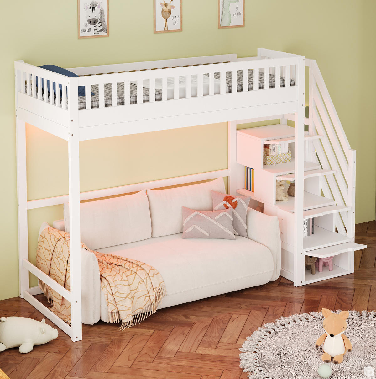 HOCHBETT 90/200 cm weiß aus Holz mit Stauraumtreppe und LED - Weiß, Holzwerkstoff (90/200cm) - OKWISH