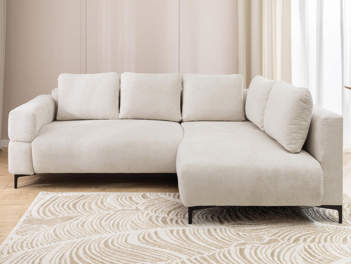 ECKSOFA Cardea in Bubble-Optik aus weichem Creme Strukturstoff mit hohem Sitzkomfort - Ottomane rechts - Creme/Schwarz, Holz/Textil (230/170cm) - S-Style Möbel