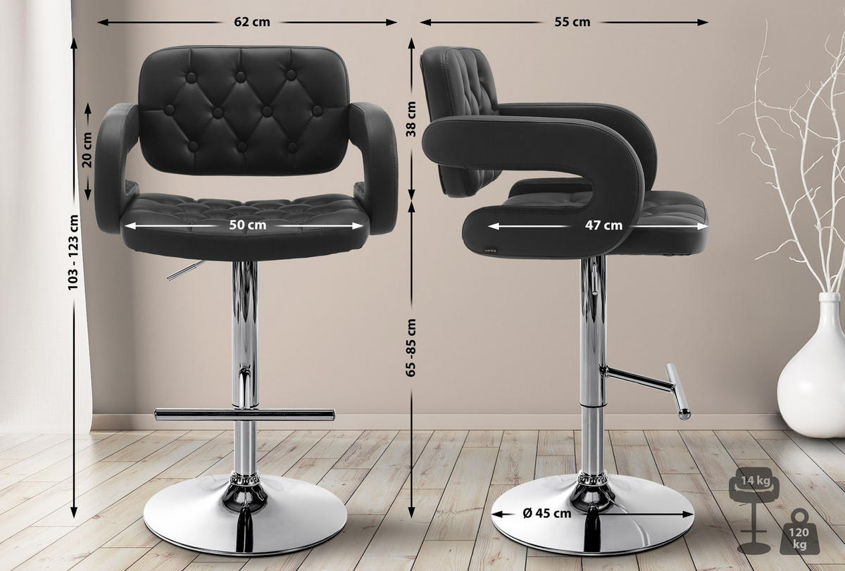 BARHOCKER Dublin 103-123x62x55 cm schwarz - Schwarz, Leder (62/103/55cm) - furnicato