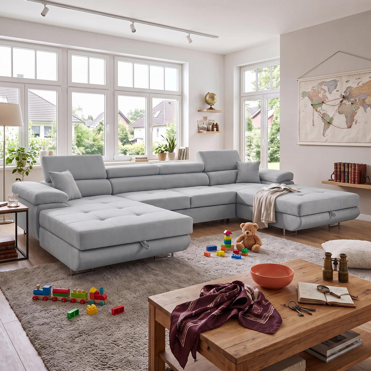 ECKSOFA U-Form ALONZO U mit Schlaffunktion 130x280 Velours Hellgrau - Silberfarben/Hellgrau, Holz/Textil (350/90/203cm) - Muffo