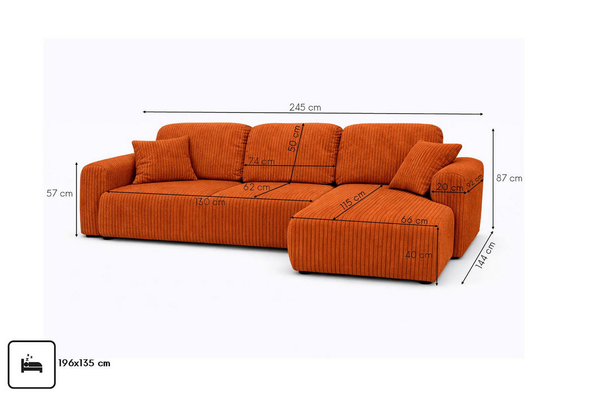 ECKSOFA Mit Schlaffunktion Und Bettkasten, Sofa L-Form Bingo L, Cordstoff Poso, Kupfer, Rechts - Orange, Holz (245/144cm) - Kaiser Möbel