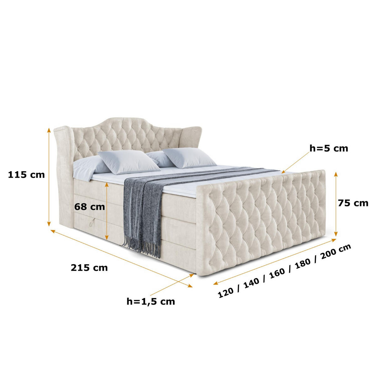 BOXSPRINGBETT VILA-Z KING - 140x200 - H3/H4 - Creme - Creme, Holzwerkstoff (140/200cm) - ALTDECOR