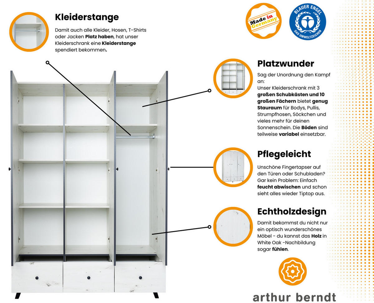 KLEIDERSCHRANK Lavea Landhausstil 130/191/51 cm White Oak - Schwarz/Weiß, Holzwerkstoff/Metall (130/191/51cm) - arthur berndt