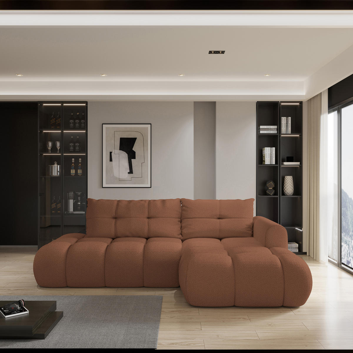 ECKSOFA FLUMA R-S Kupferfarben Boucle-Stoff mit Schlaffunktion - Kupferfarben, Holz (274/165cm) - MASSENO