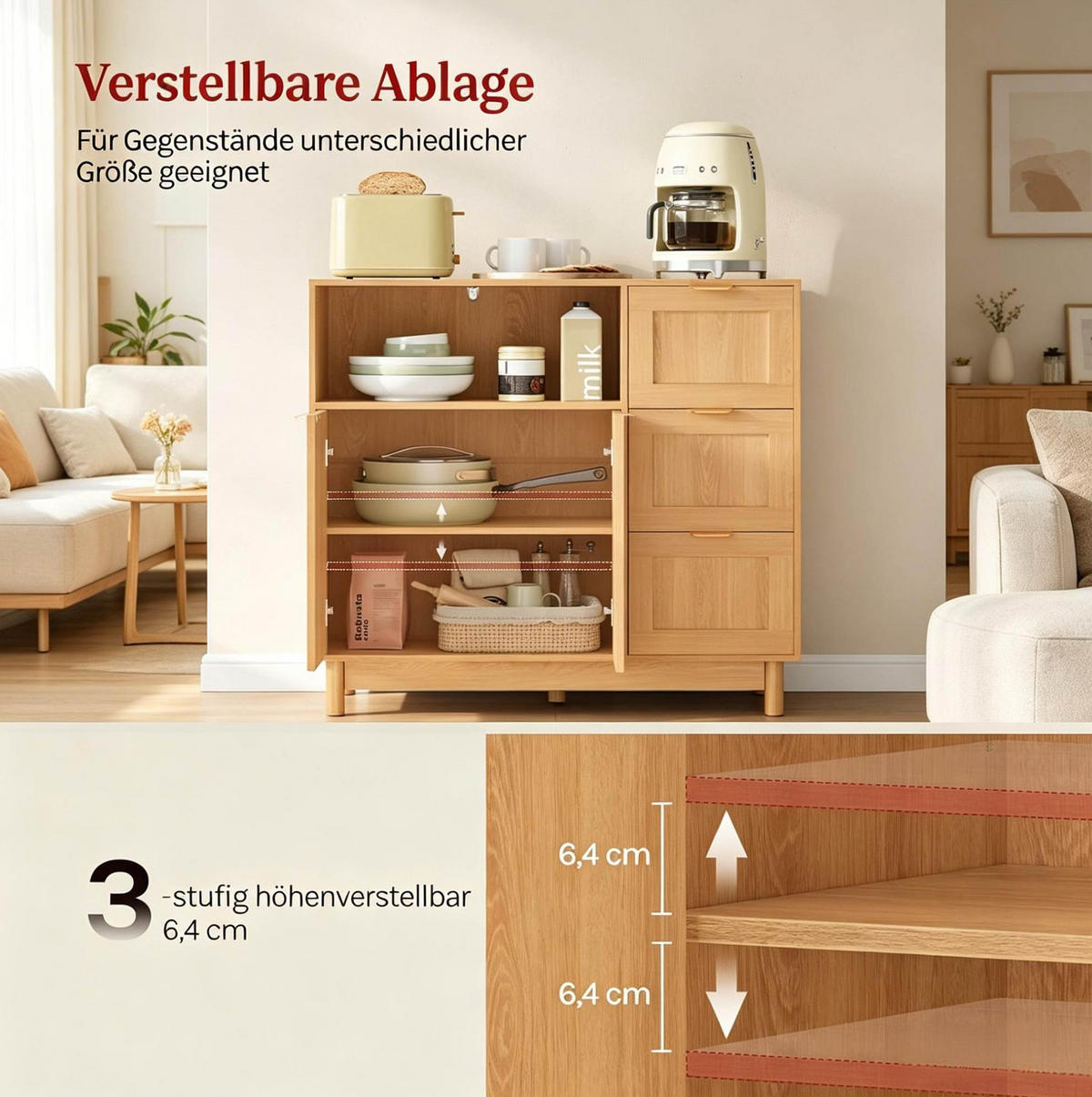 SIDEBOARD 90/35/80 cm in Holz-Optik mit Schubladen und verstellbarem Regal - Naturfarben, Holzwerkstoff (90/80/35cm) - BEAOK