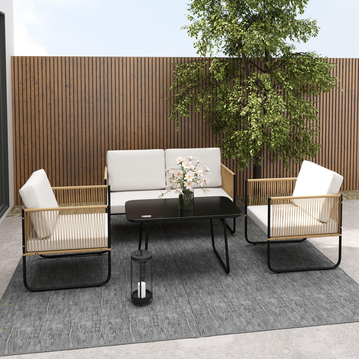 GARTENSET DE-13620 4-teilig mit Glastisch & Kissen Creme - Creme, Kunststoff/Metall - ComfortXL