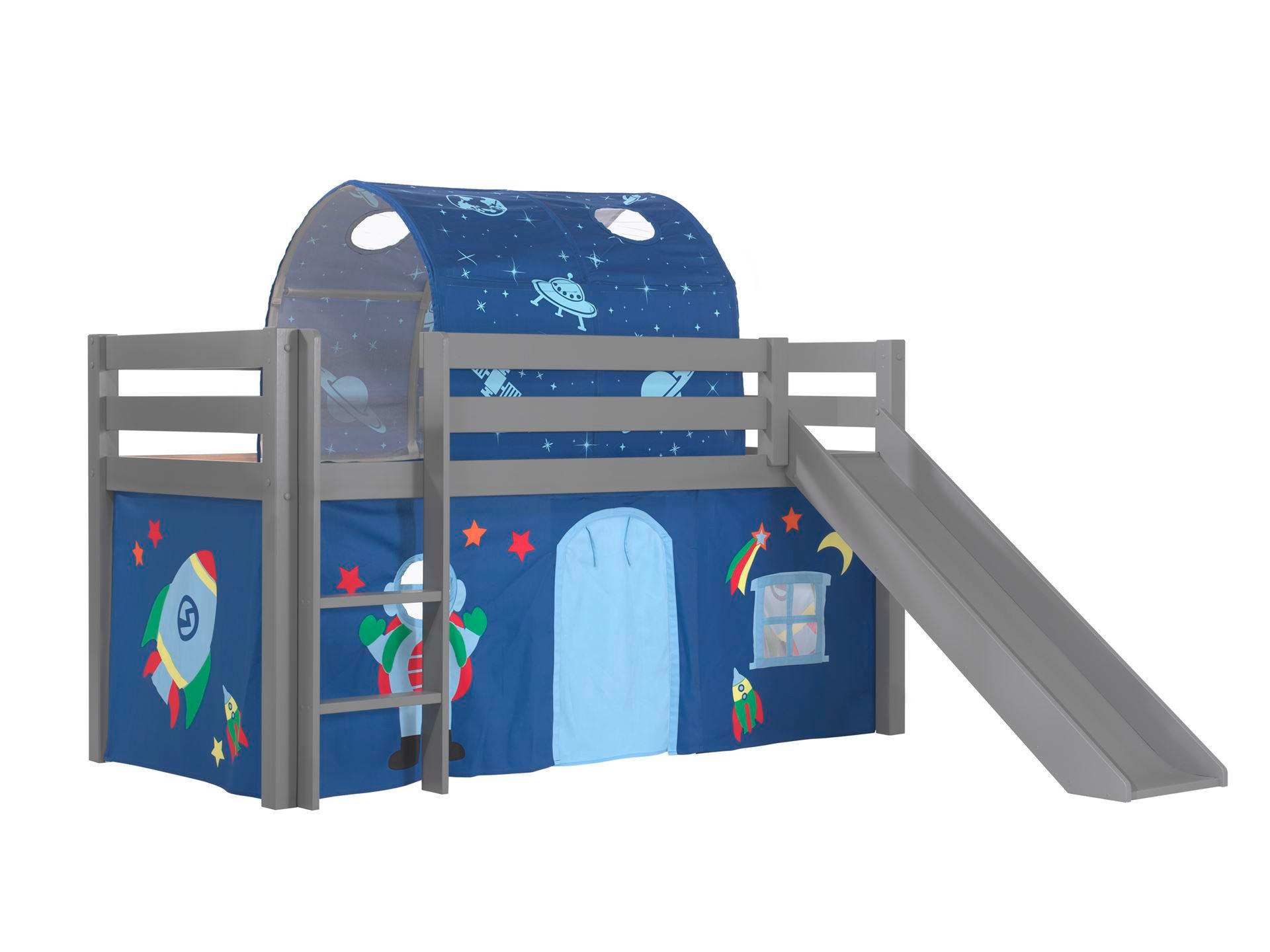 HOCHBETT mit Rutsche Karolina Massivholz Grau Textilset Astro 2 - Blau/Grau, Holz (90/200cm) - 58aufmkessel