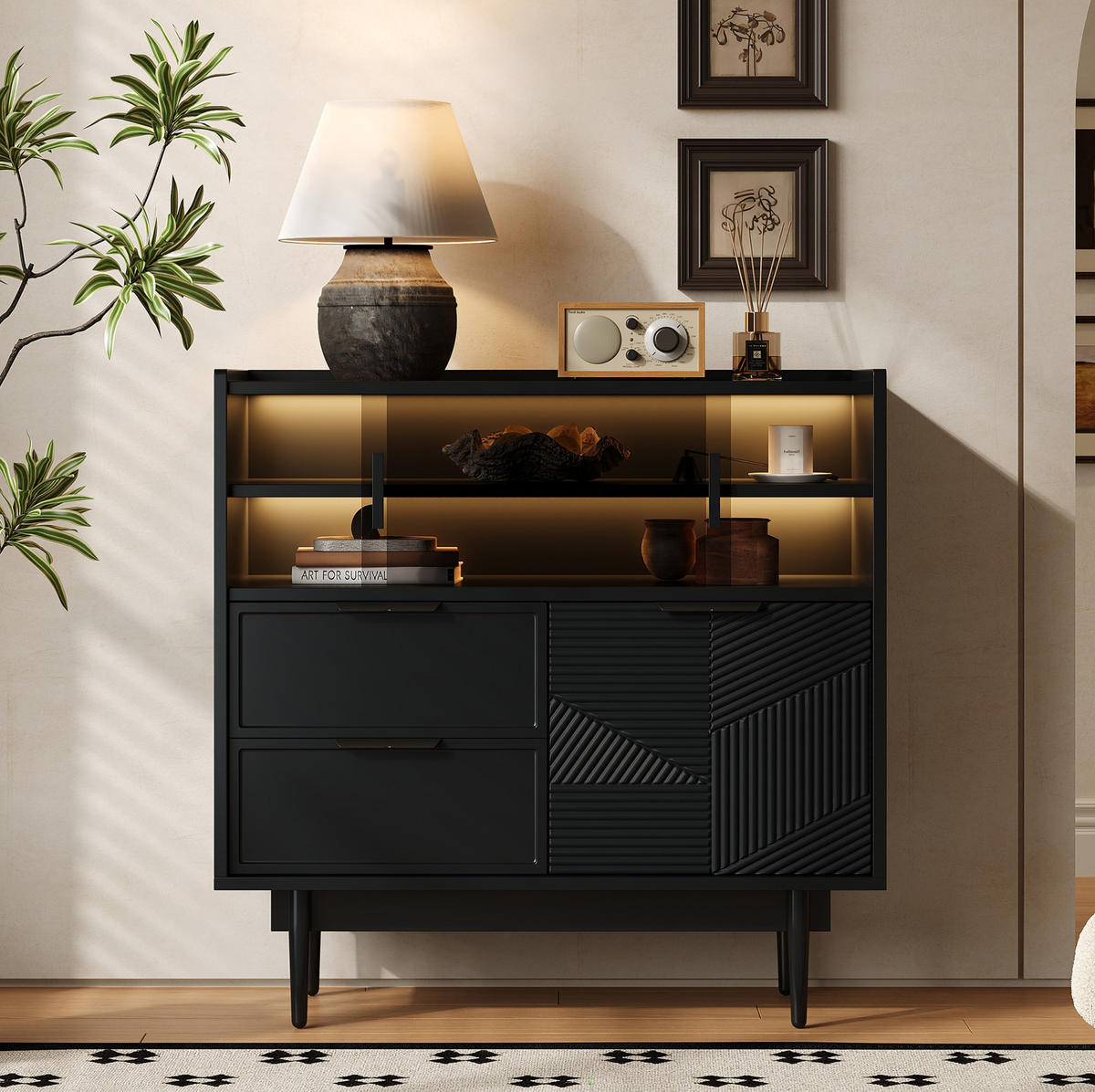 SIDEBOARD 80 cm in Schwarz mit Glastür und LED-Beleuchtung - Schwarz, Holzwerkstoff (80/80/35cm) - Flora Grace