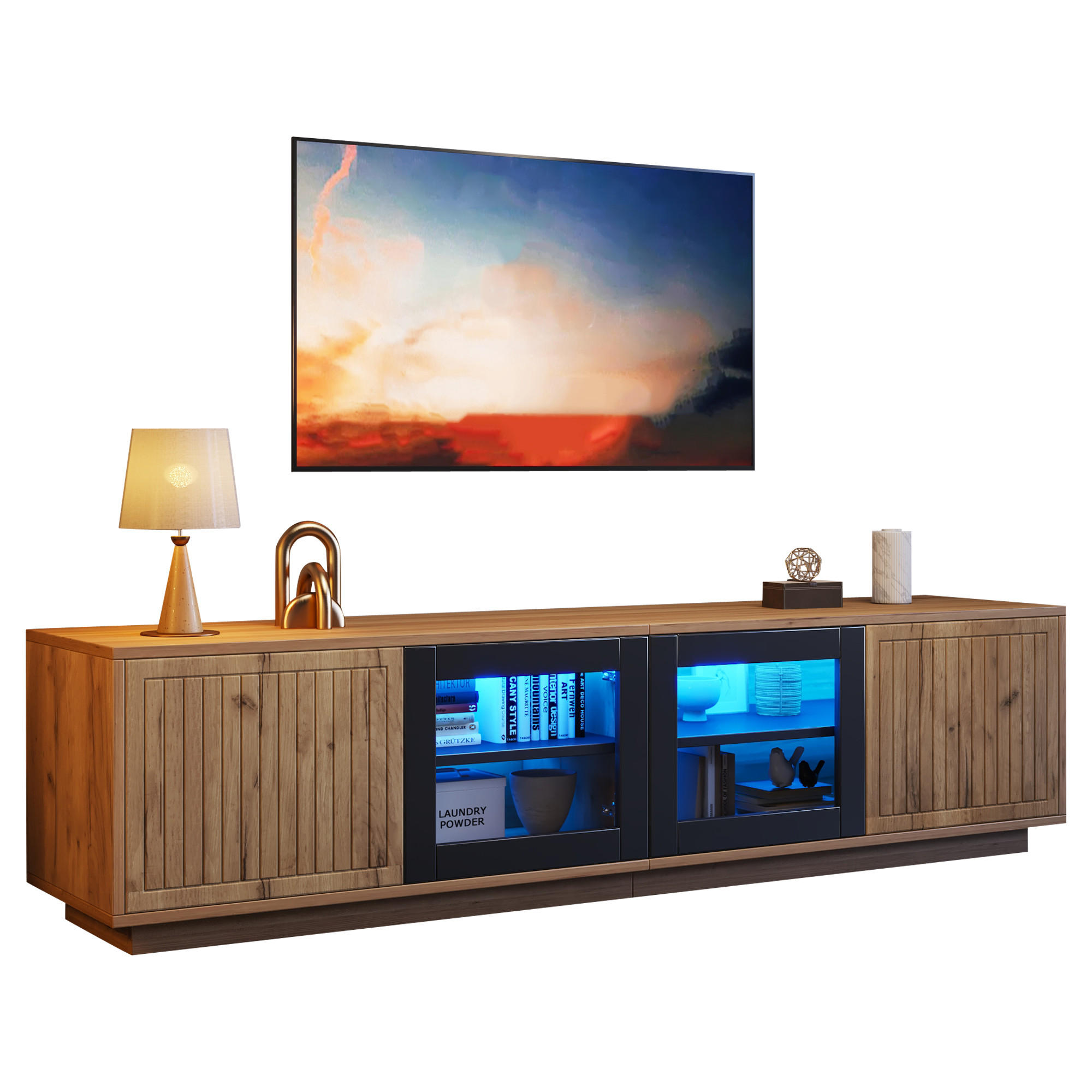 TV-ELEMENT mit LED 180 x 40 x 45 cm Naturholzoptik Schwarz 4 Türen - Braun, Holzwerkstoff (40/45/180cm) - Beauniv