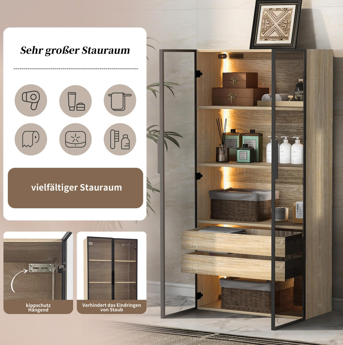 BADEZIMMERSCHRANK 74x36x155 cm Natural aus Spanplatte mit LED-Beleuchtung & Glasschranktüren - Naturfarben, Holzwerkstoff (74/155/36cm) - Modfu