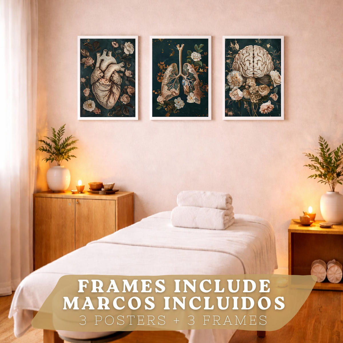 POSTER Set aus 3 Anatomie Drucke und Dekorative Wandbilder mit Herz Gehirn Lungen Atmungssystem Florales Grün Gold Design Größe Weißer Rahmen A3 - Weiß, Papier (29.7/42/3cm) - Nacnic