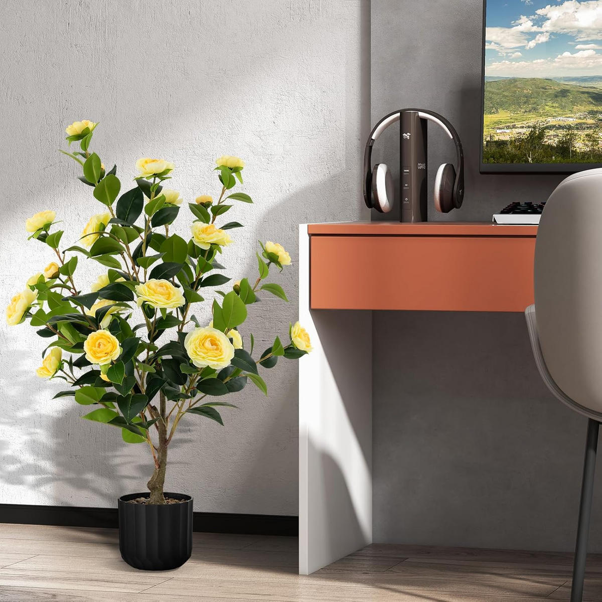 KAMELIENBAUM Gelb(2er-Set) - Gelb, Kunststoff (95cm) - COSTWAY