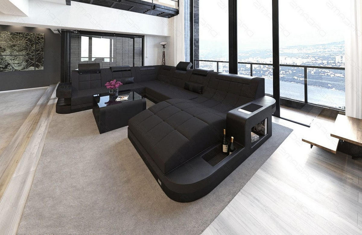 WOHNLANDSCHAFT Wave Schwarz Mikrofaserstoff - Schwarz, Kunststoff (379/80/274cm)