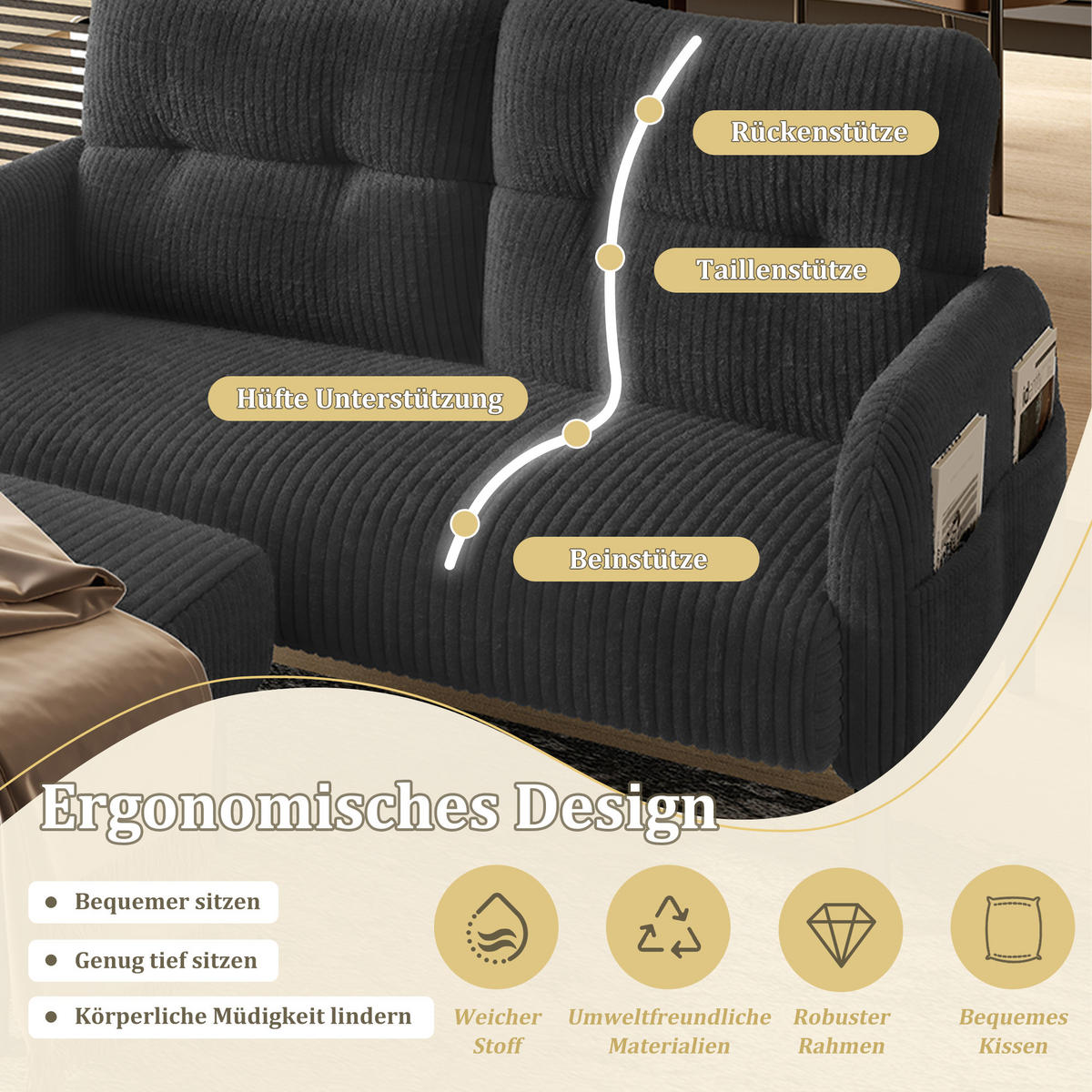 SOFA Set, 2-Sitzer+Sessel+Hocker, Cord, Grau - Schwarz/Grau, Textil/Metall (120/79/75cm) - LVHOM
