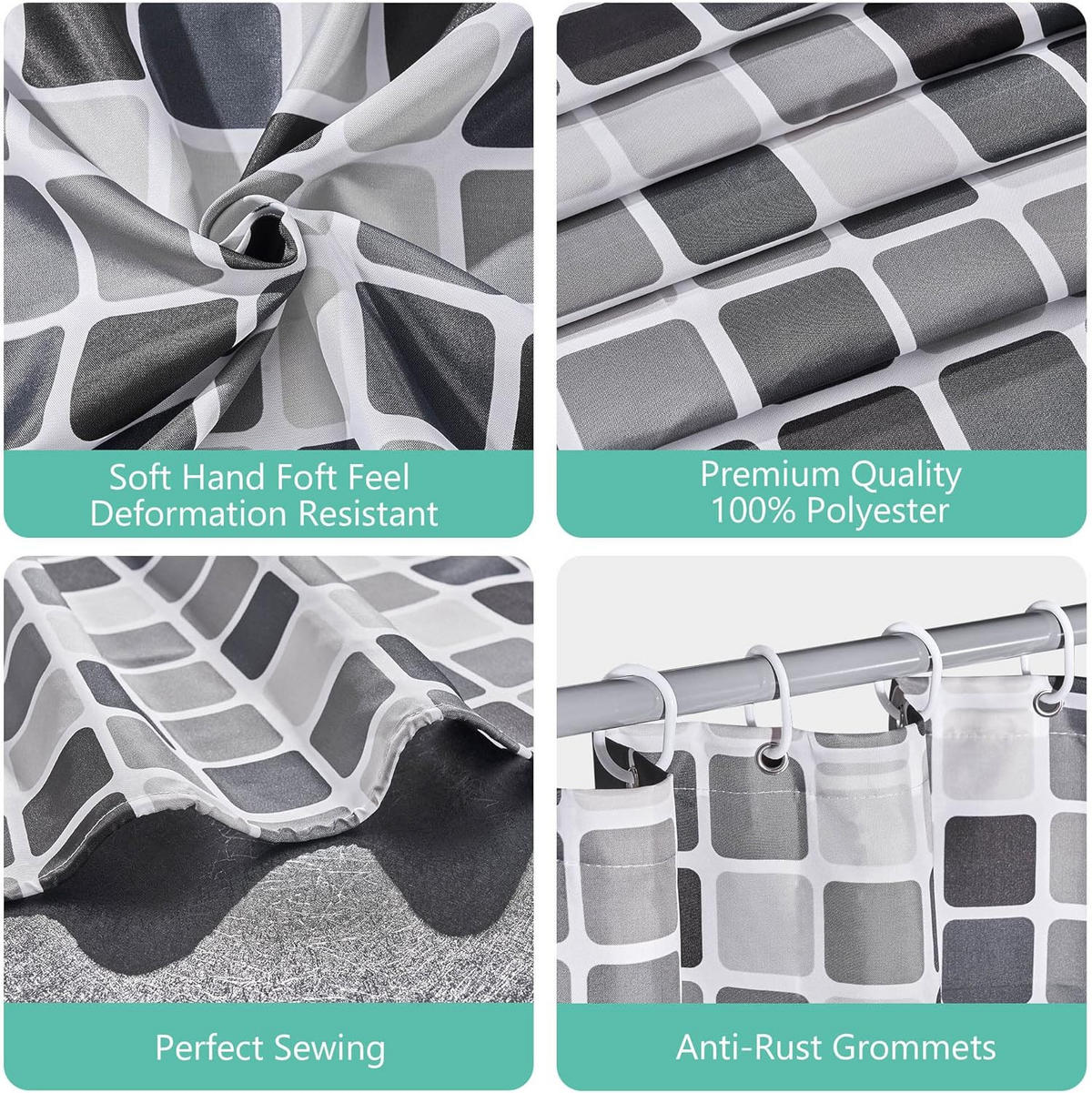 DUSCHVORHANG schimmelresistent Gewicht Stoff Polyester Badewanne wasserdicht mit Haken Schwarz Weiß Grau Mosaik - Multicolor, Textil (180/180cm) - MCBOSON