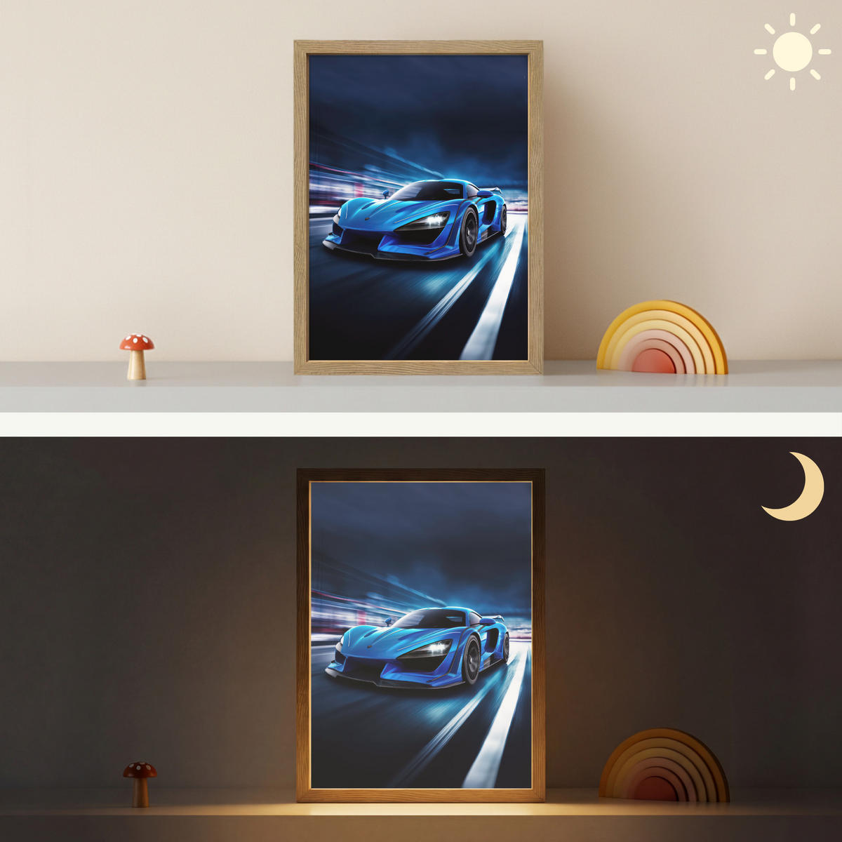 NÁSTĚNNÁ LAMPA S AKUMULÁTOREM Auto - Modrá - Chlapci - Dítě 30x40 cm - modrá, kompozitní dřevo (30/40/8cm) - OnlyWow