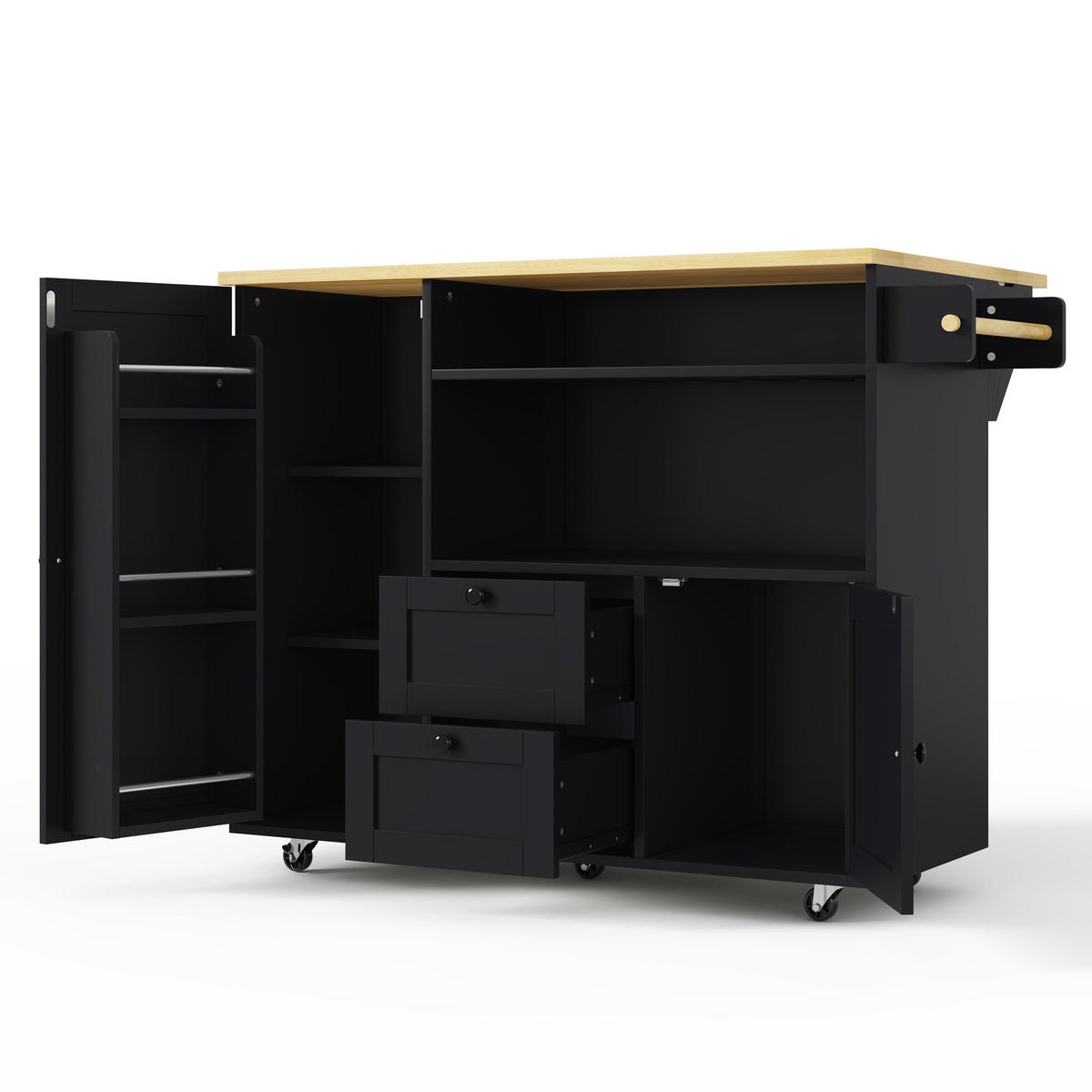 KÜCHENINSEL 89 cm MDF Natur Schwarz mit Klappbarer Arbeitsplatte und Weinregal - Schwarz, Holzwerkstoff (69/89/104cm) - Korfee