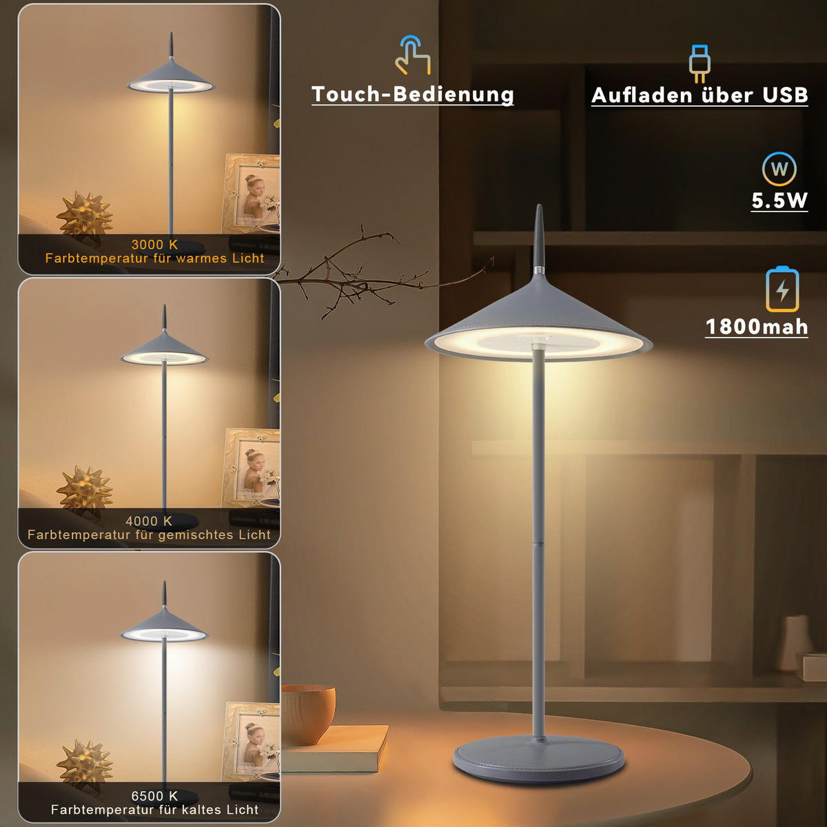 STOLNÍ lampa Abmeier LED 15,4/15,4/37,6 cm - šedá, plast (15.4/15.4/37.6cm) - Nettlife