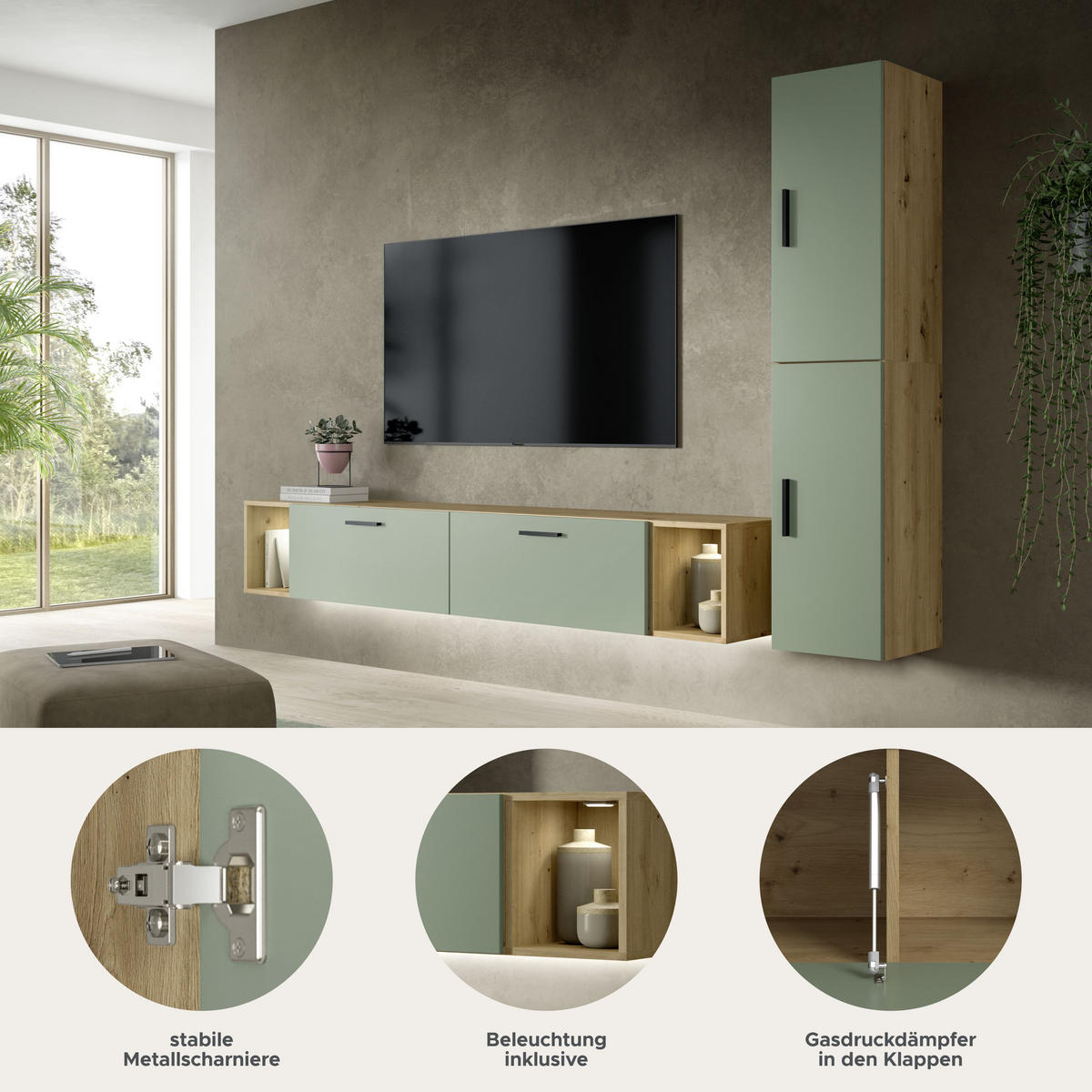 WOHNWAND INKL BELEUCHTUNG The One Smoke Green 259/34/182 cm - Braun, Holzwerkstoff (259/182/34cm) - Xonox