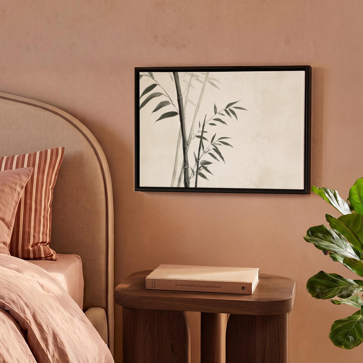 LEINWAND Bilder mit Rahmen - Japandi - Bambus - Beige - 40x30 - Eukalyptusholzfarben, Textil (40/30cm) - MuchoWow
