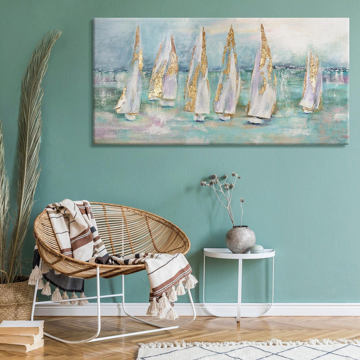 GEMÄLDE Segelboote auf Keilrahmen 140x70 cm - Türkis, Holz (140/70cm) - YS-art gallery