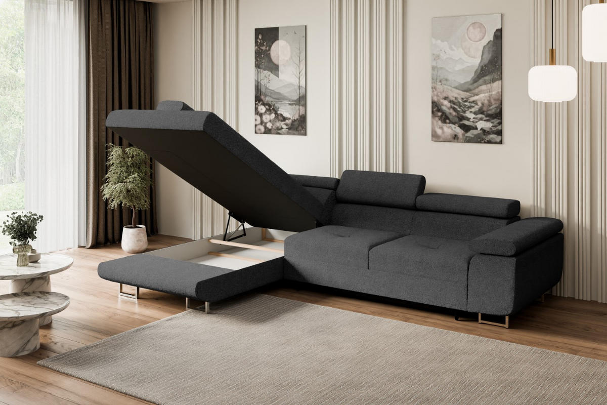 ECKSOFA mit Schlaffunktion und Bettkasten GUSA-L 272x202x107 cm Grau Bouclé - Silberfarben/Grau, Holzwerkstoff/Textil (202/272cm) - ALTDECOR