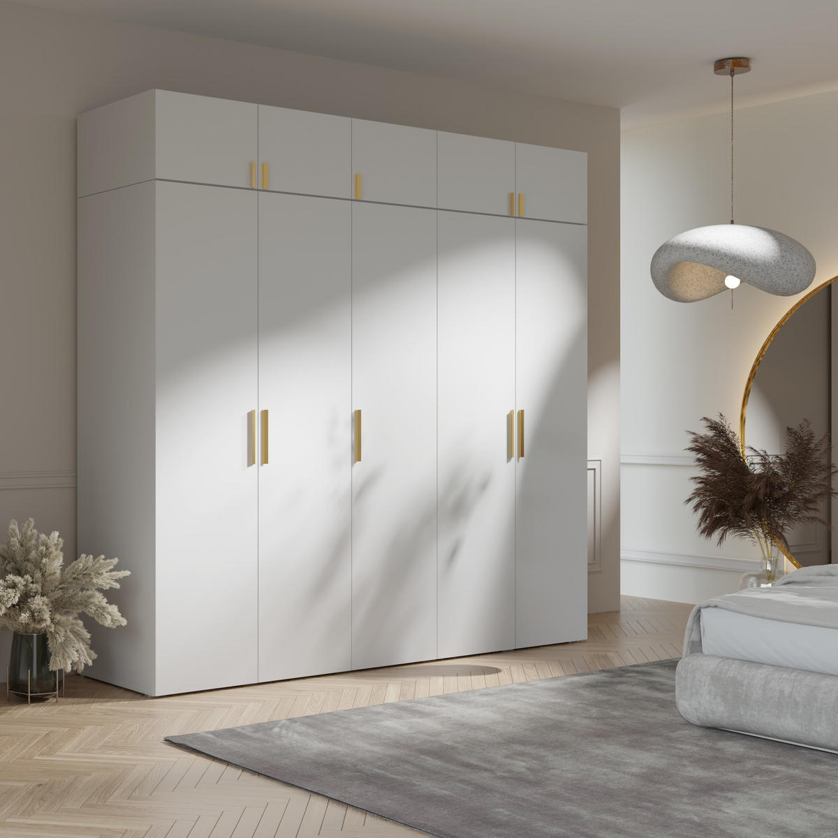 DREHTÜRENSCHRANK mit Aufsatz Napoli 5D 250 Weiß (schwarzer oder goldener Griff) - Silberfarben/Schwarz, Holzwerkstoff/Kunststoff (250/35/60cm) - mzm24