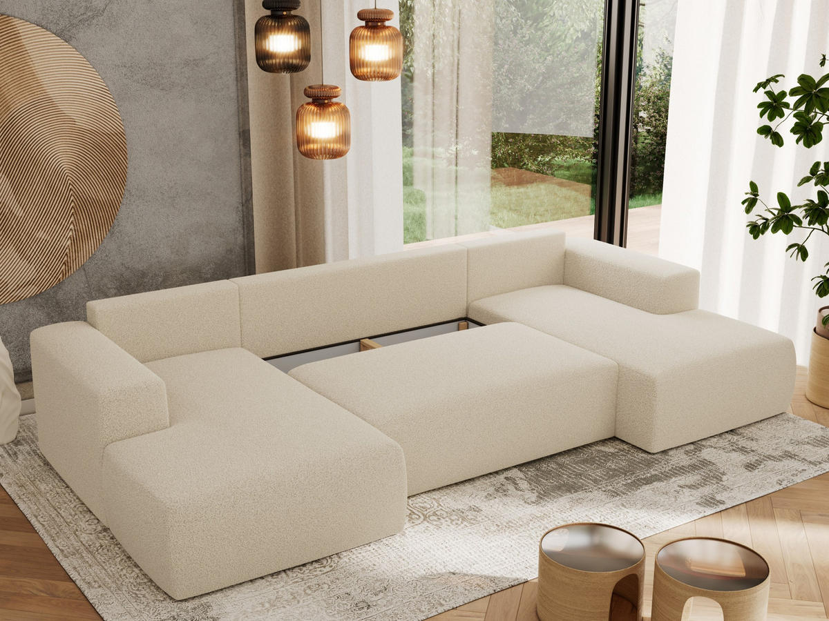 WOHNLANDSCHAFT TRENTINO U Beige Boucle - Beige, Textil (334/91/163cm) - MKS