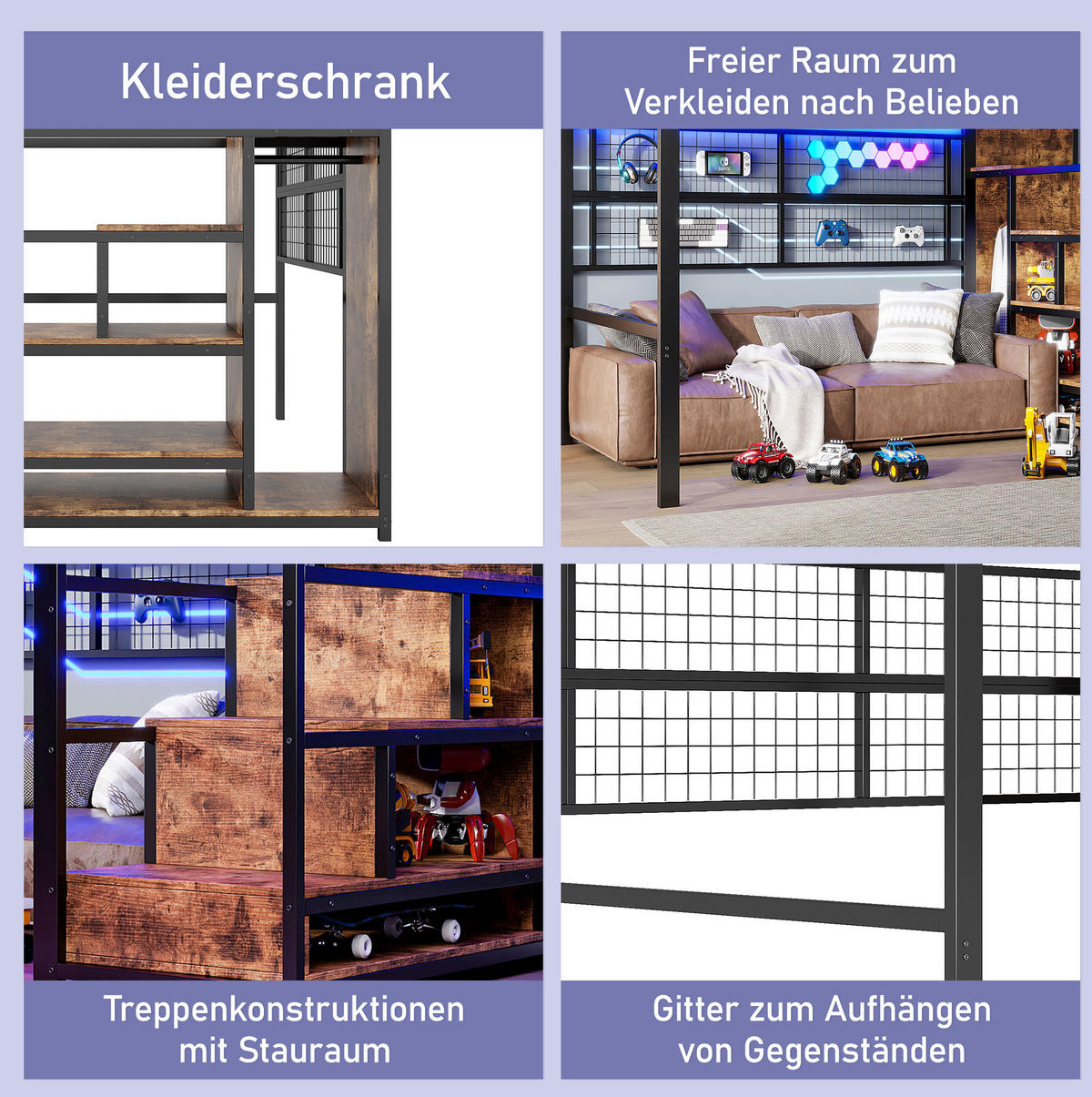 HOCHBETT 140/200 cm aus Metall in Schwarz – mit Stauraumleiter und Kleiderschrank - Schwarz, Metall (140/200cm) - BEAOK
