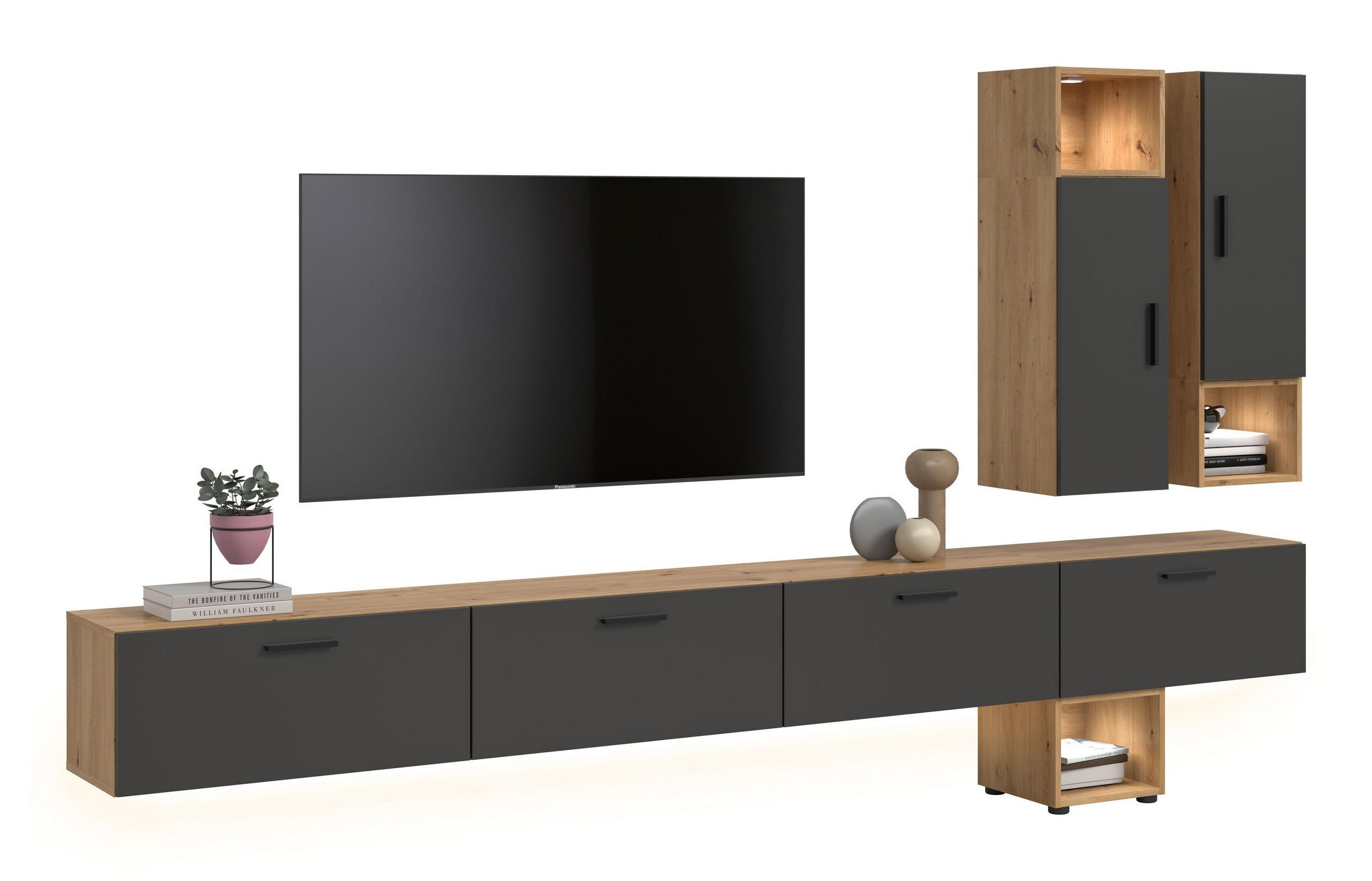WOHNWAND inkl Beleuchtung Primo 6 tlg. (B/H/T: ca. 300/178/34 cm) in Artisan Oak /Basalt grau - Eiche Artisan, Holzwerkstoff (300/178/34cm)