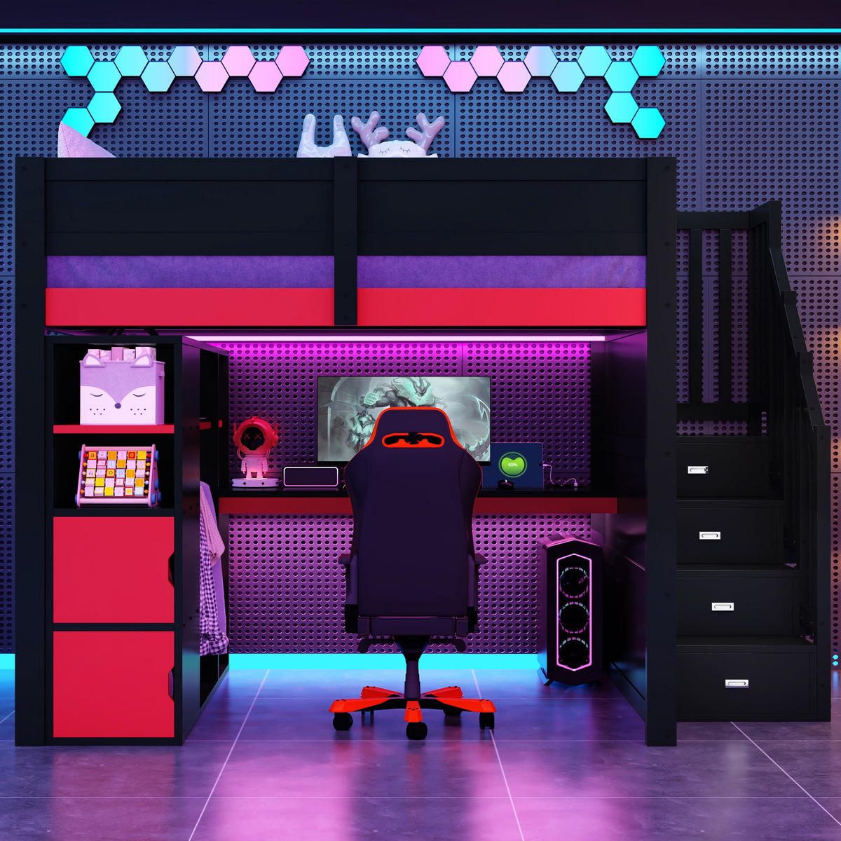 HOCHBETT 140/200 cm schwarz aus MDF mit Schreibtisch und Stauraumtreppe - Schwarz, Holzwerkstoff (140/200cm) - OKWISH