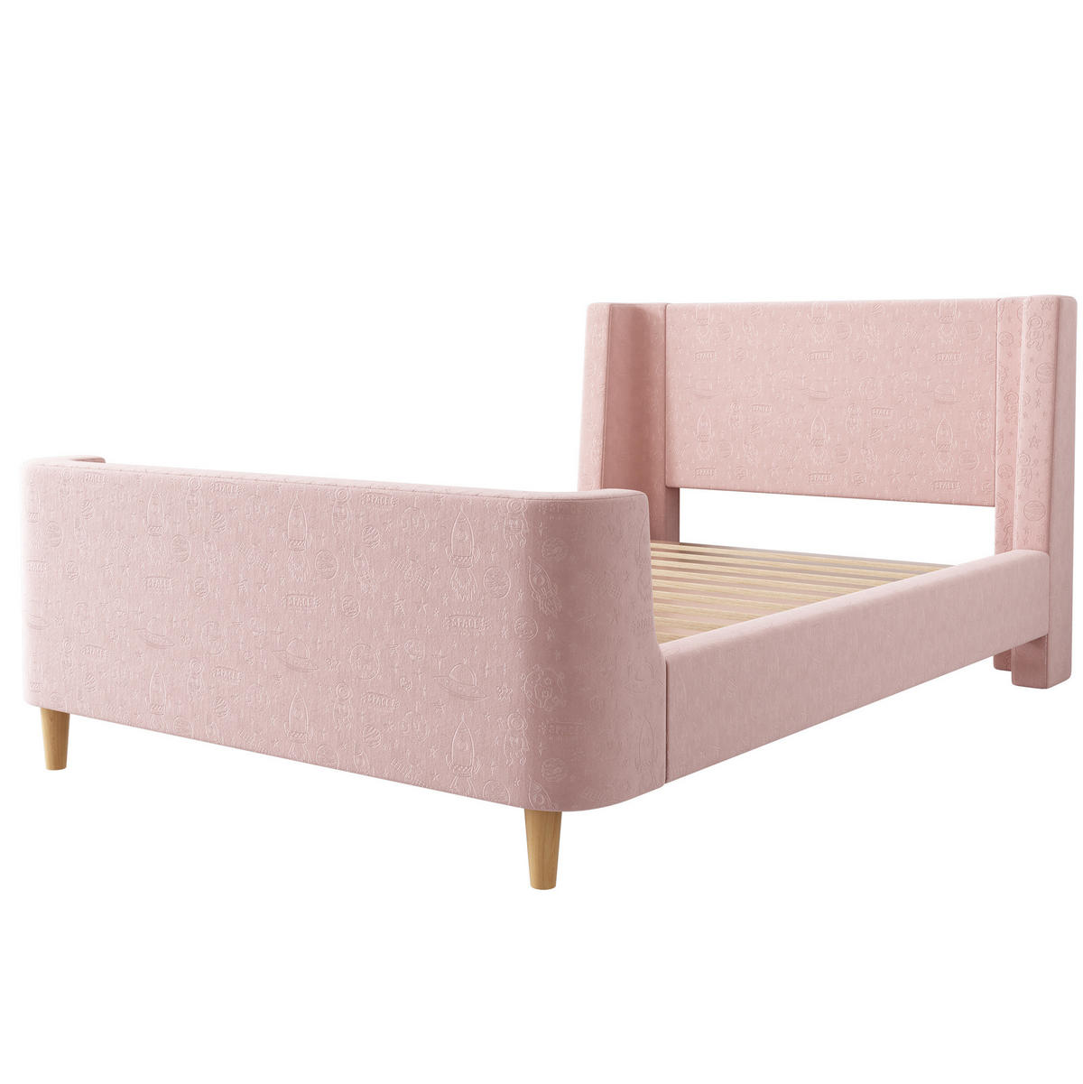 OTROŠKA postelja 90/200 cm roza iz žameta z vesoljskim vzorcem in oblazinjenim vzglavjem - pink, tekstil (90/200cm) - OKWISH