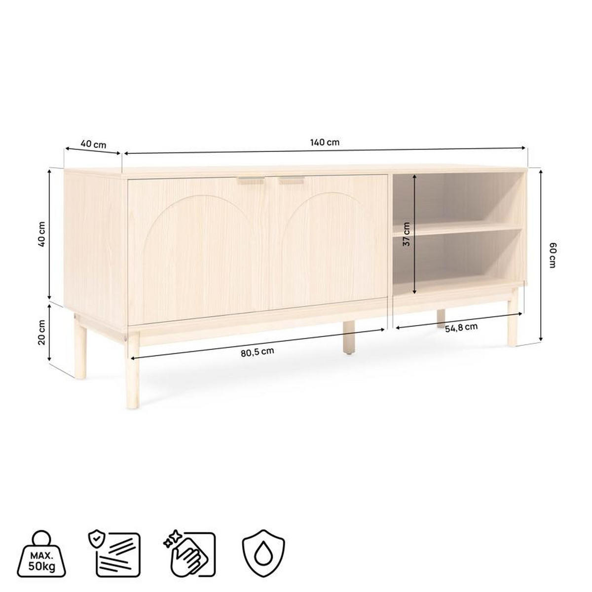 TV-LOWBOARD NOLAN Eichenholzfarbe stil Skandinavischer - Beige/Goldfarben, Holz/Metall (40/60/140cm) - Sicaan