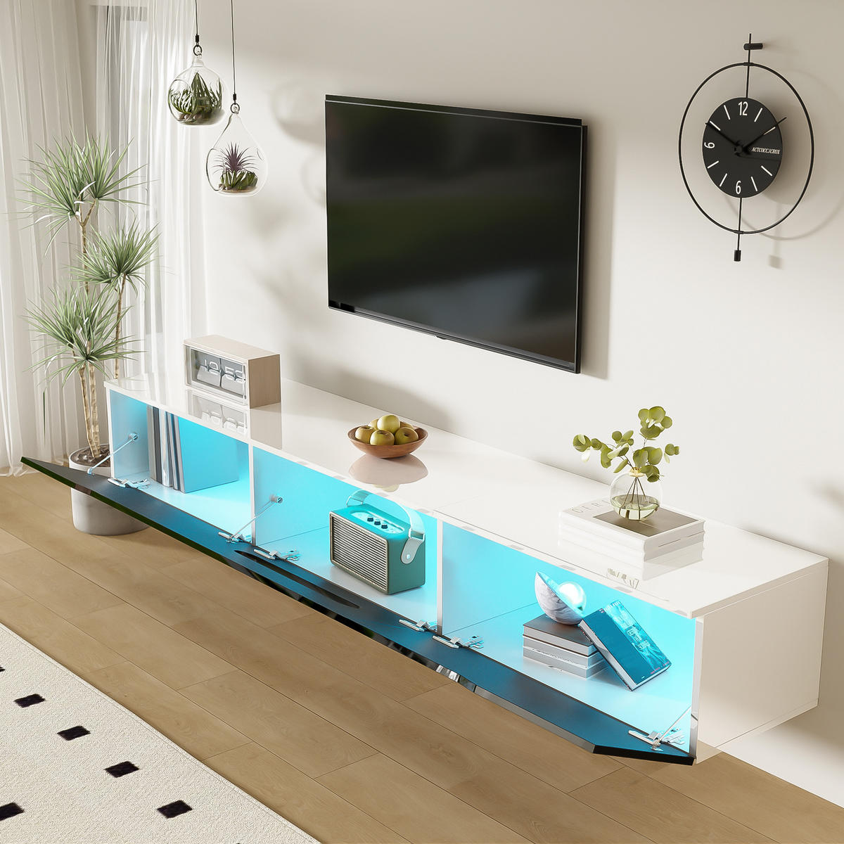 LOWBOARD in Schwarz und Weiß TV Schrank mit 16-Farben LED-Beleuchtung, wandmontierbar, B180/T35/H30cm - Schwarz/Weiß, Holzwerkstoff (180/30/35cm) - STILVORA